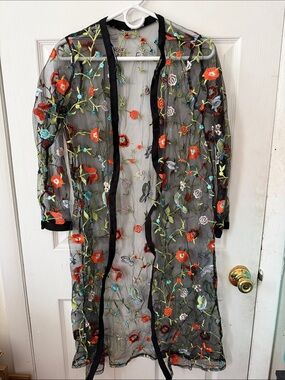 Black Sheer Floral Embroidered Duster
